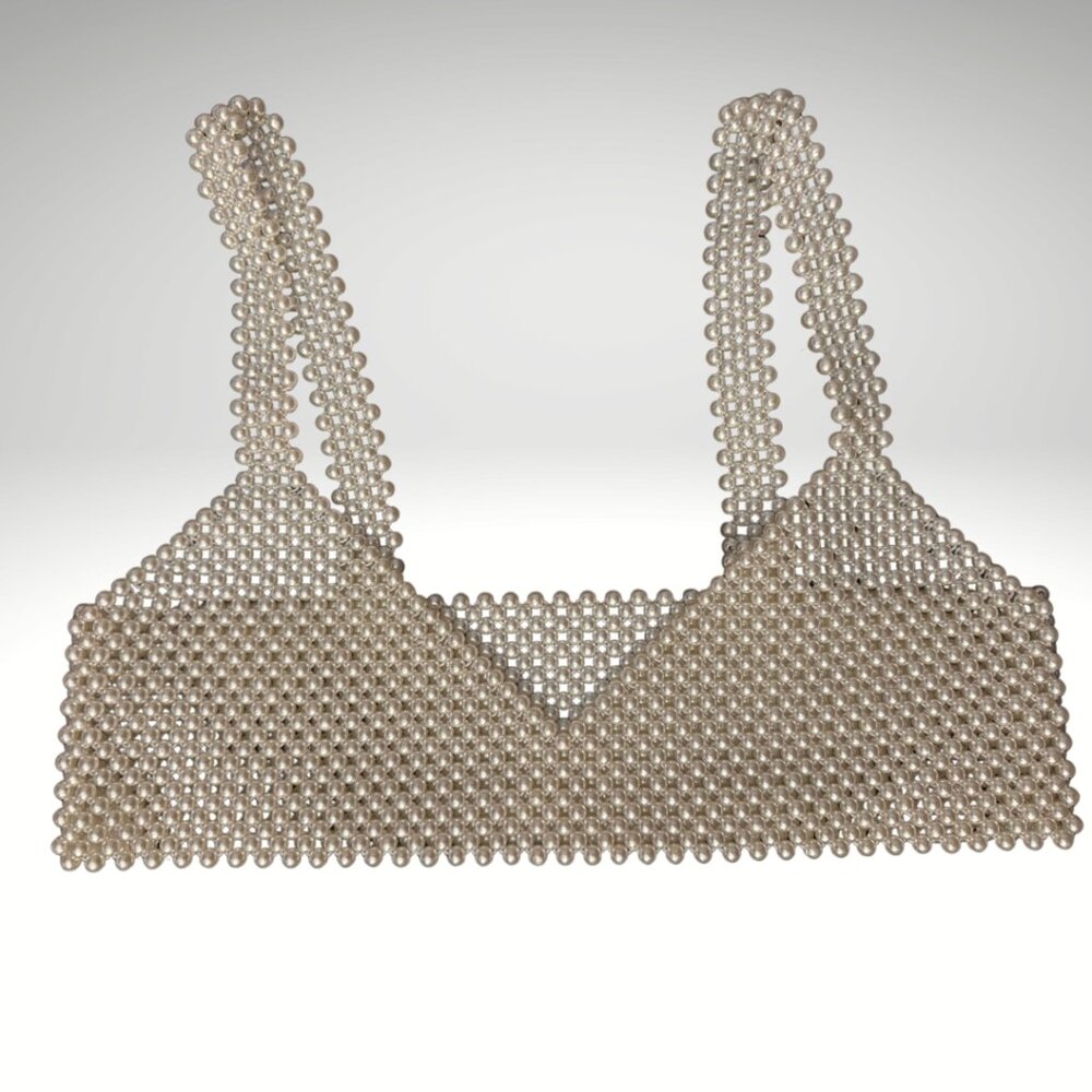 Elastic Pearl Beaded Bralette Top – Stretchy Statement Crop (Fits S/M)